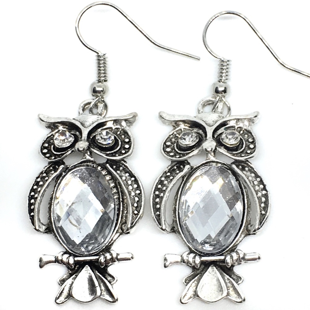 Silver Owl & Clear Crystal Boho Drop Earrings